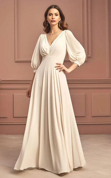 Elegant A-Line V-neck Chiffon Half Poet Sleeve Mother of the Bride Dress Simple Casual Floor-length with V-Back