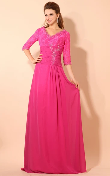 Maxi Half-Sleeve V-Neck Dress With Ruching Waist And Lace