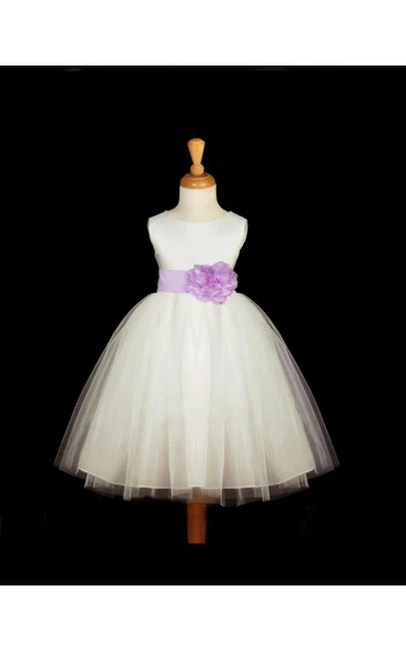 Sleeveless Jewel Neck Pleated Tulle Ball Gown With Flower Belt