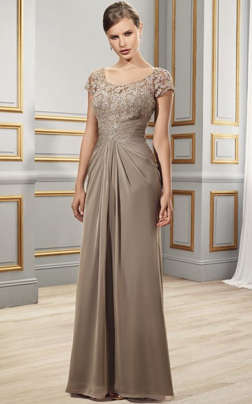Sheath Appliqued Short-Sleeve Scoop Floor-Length Chiffon MOB Formal Dress With Illusion Back And Draping