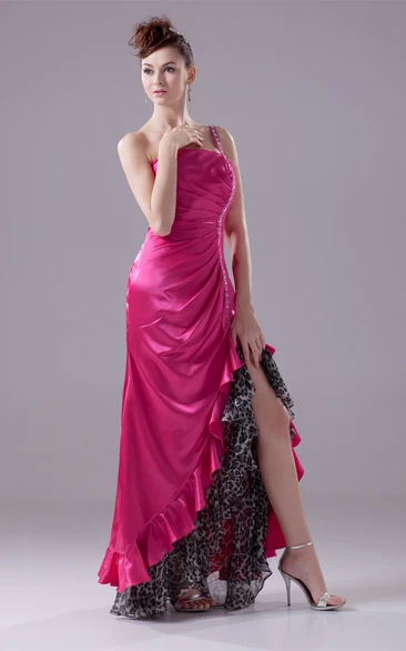 One-Shoulder Ruched Satin Front-Split Dress with Beading and Leopard Print
