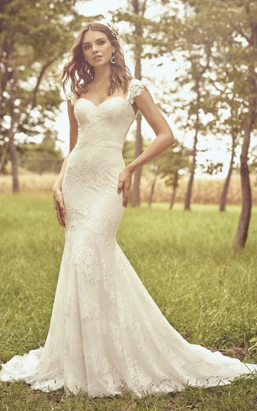 Cap Sleeve And Buttons Sweetheart Mermaid Lace Wedding Dress With Open Back