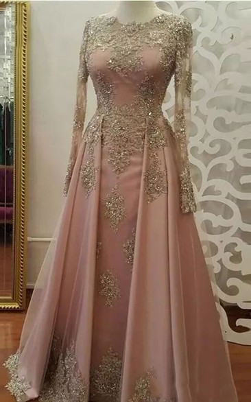 A-Line Jewel Long Sleeve Lace Tulle Dress