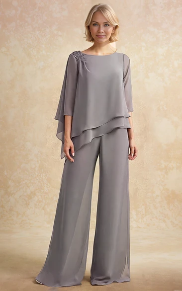 Two Piec Jewel Neck Modest Elegant Plus Size Floor Long Sleeve Peplum Mother Guest Pantsuit