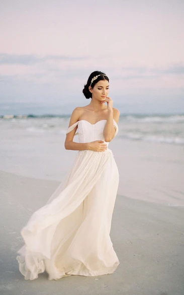 Romantic Off the Shoulder Ivory Chiffon Wedding Dress With Lace Bodice