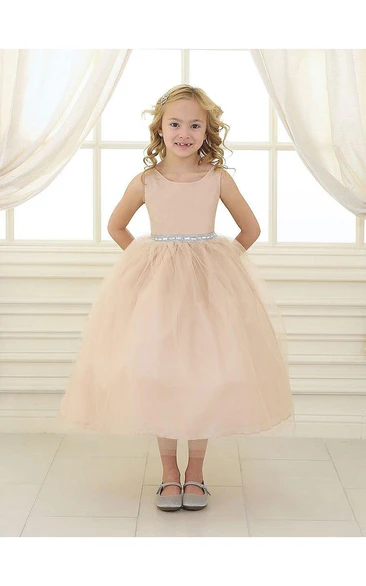 Sleeveless Scoop Neck Pleated Ball Gown Tulle Dress With Beaded Waistline