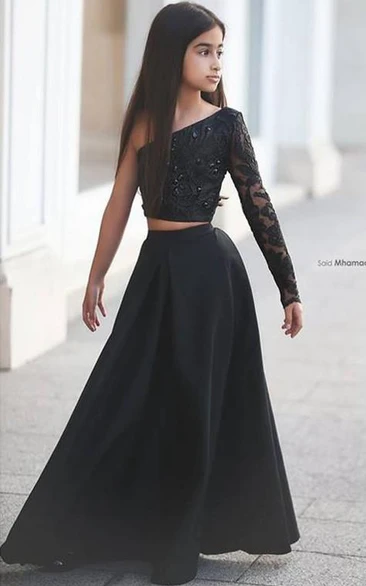 Sexy Black Two Piece Lace Flower Girl Dress Black One Sleeve A-line