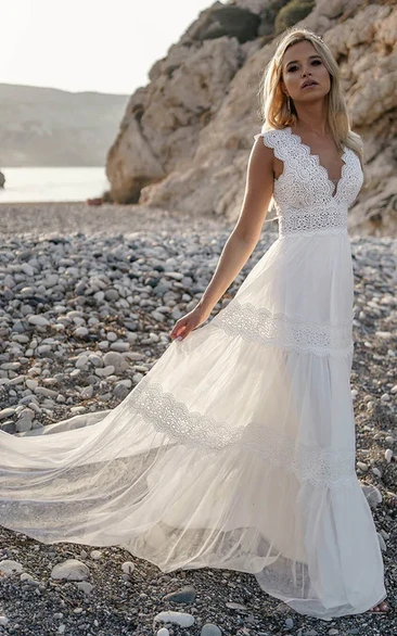 Elegant A-Line Sweep Train Tulle V-Neck Split Front Deep-V Back Straps Beach Wedding Dress