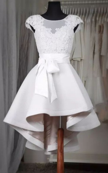 A-line Square Cap Short Sleeve High-low Satin Wedding Dress with Bow and Ruffles