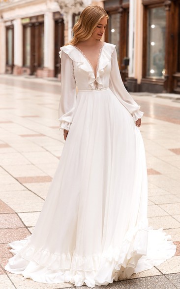 Vintage A Line V-neck Chiffon Court Train Wedding Dress with Ruching