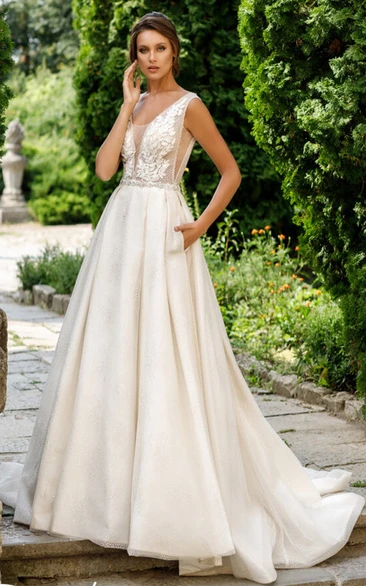 Elegant A Line Plunging Neck Organza Wedding Dress with Appliques and Pockets
