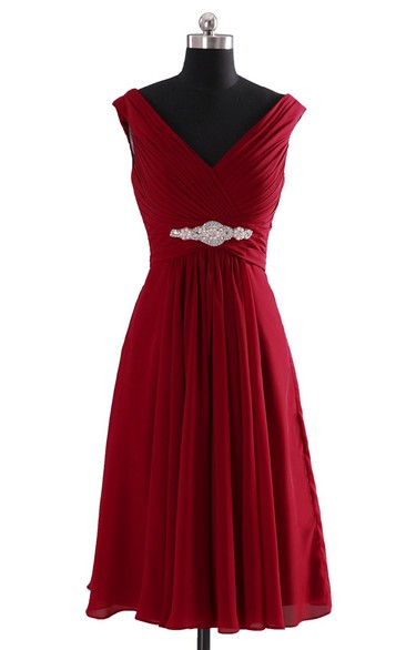 V-neckline Pleated Basque Waist Dress With Crystal - June Bridals