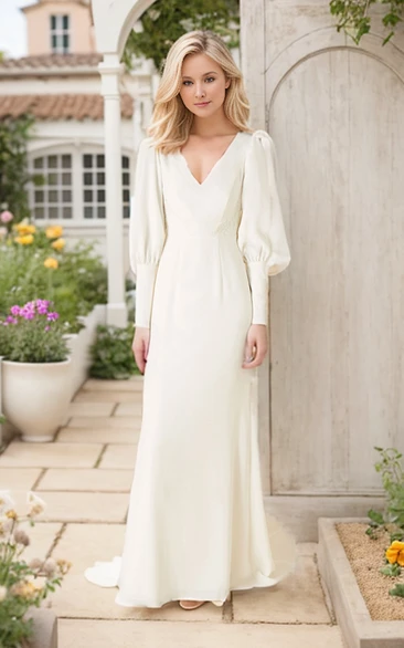 Sheath Long Sleeve V-neck Sweep Train Garden with Lace Keyhole Back Bridal Gown