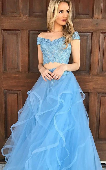 Adorable Two Piece Tulle Off-the-shoulder Sleeveless Prom Dress with Appliques