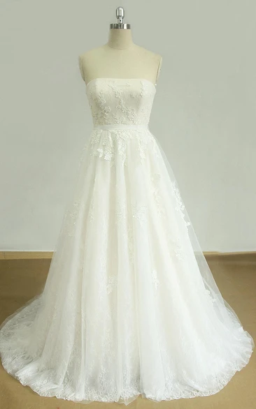 A-Line Scoop Tulle Lace Satin Weddig Dress With Beading