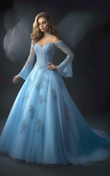 A-Line Ball Gown Tulle Long Sleeve Evening Dress Princess Blue Simple Sexy Romantic Modern Sweetheart Sweep Train