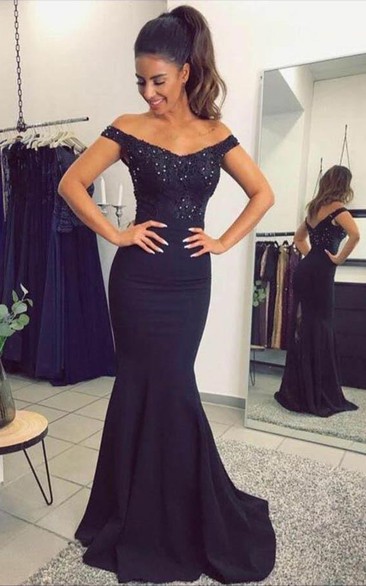 Mermaid Off-the-shoulder Navy Blue Prom Dress with Sequins