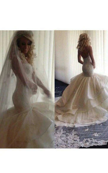 Fairy Open Back Lace Mermaid Wedding Dress With Ruffles
