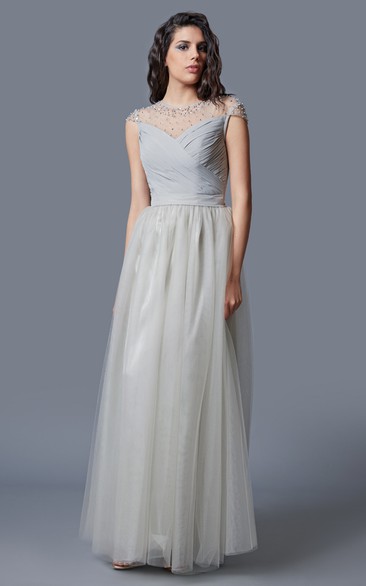 Glamorous Short Sleeve Criss-Crossed Tulle Gown With Chiffon Belt and Beading