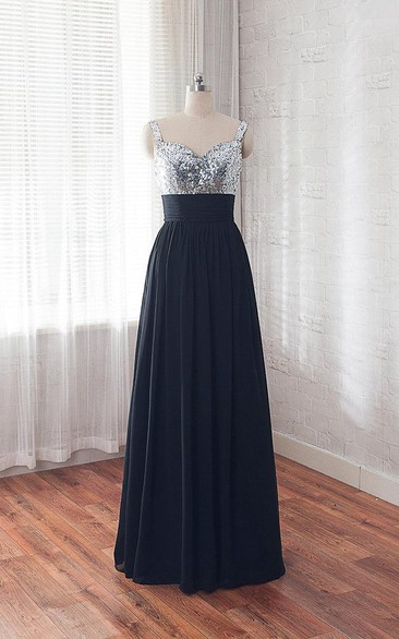 Sleelevess A-line Chiffon Dress With Sequined Bodice