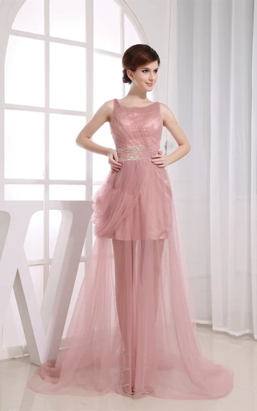 Sleeveless V-Neck Tulle A-Line Dress with Ruching and Beaded Waist