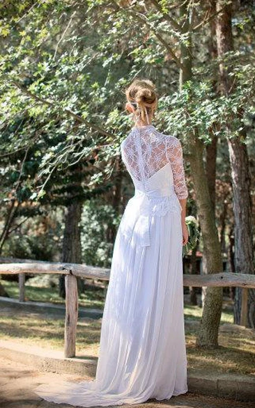 Bohemian Long Wedding White Bridal Lace Ciffon Wedding Gown With Sleeves