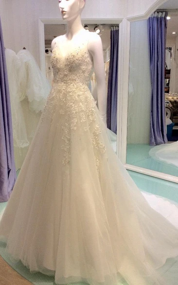 V-Neck Sleeveless A-Line Tulle Wedding Dress With Beaded Lace Bodice