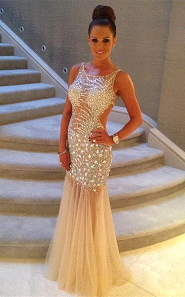 Luxurious Sleeveless Mermaid Prom Dresses Crystals Tulle Floor Length
