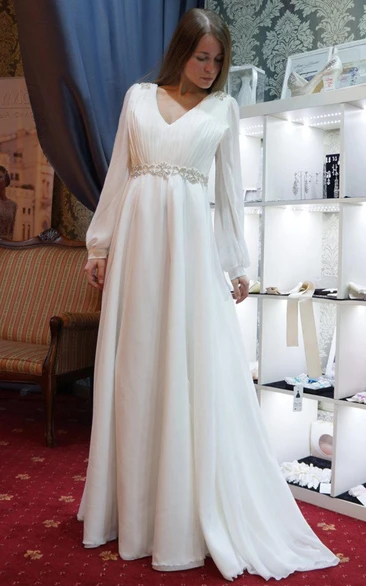 Plunged Puff Long Sleeve Chiffon Wedding Dress With Beaded Waist