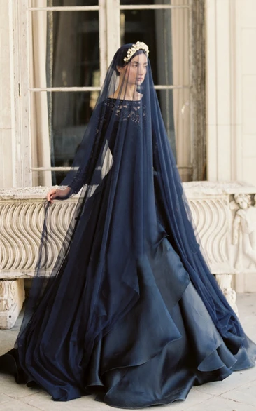 Unique Navy Blue Tulle Bridal Veil