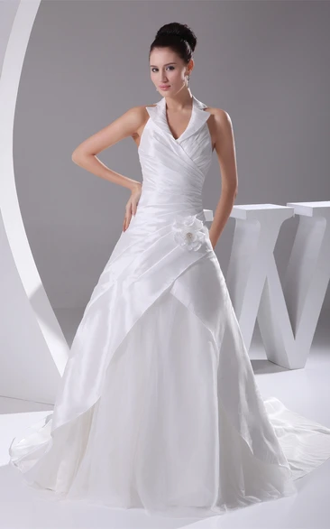 Sleeveless A-Line Ruched Gown with Flower and Suit Neckline
