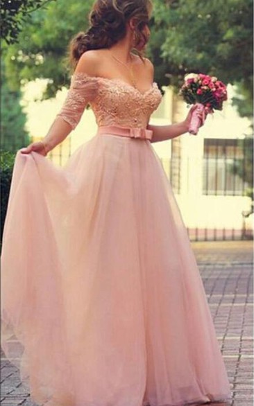 Lovely Princess Beadings Tulle Half Sleeves Long Prom Dress