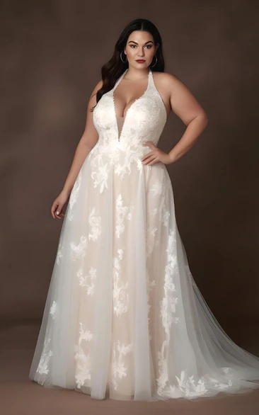 A-Line Lace Tulle 2023 Plus Size Sleeveless Wedding Dress Simple Sexy Bohemian Elegant Country Garden V-neck