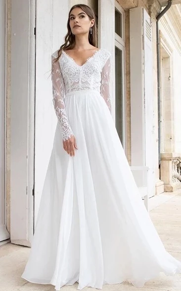 Romantic Modern A Line Floor-length Chiffon Lace V-neck Long Sleeve Wedding Dress