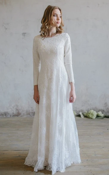 Modest Winter Long Sleeve Boho Lace Wedding Dress Elegant Casual A-Line Scoop-Neck Floor Length Bridal Gown with Applique