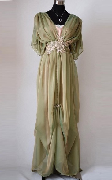 Central Drapped Floor-Length Dress With Appliques And Bow