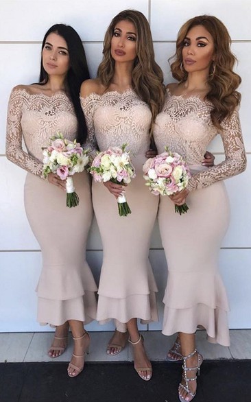 Simple Mermaid Satin Lace Off-the-shoulder Long Sleeve Bridesmaid Dress with Tiers