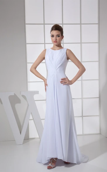 Sleeveless Central-Ruched Chiffon Maxi Dress with Low-V Back