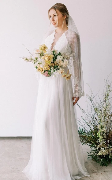 Casual A-Line Bateau Lace Tulle Wedding Dress With Long Sleeve And Sash