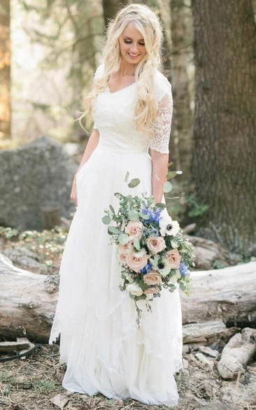 Bohemian Forest Modest V Neck Half Sleeves Lace Chiffon Bridal Gown
