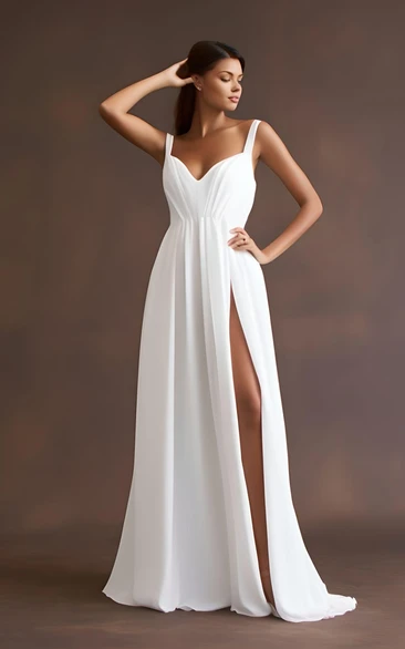 Casual A-Line V-neck Chiffon Sleeveless Wedding Dress with Split Front Country Garden Ethereal Modern Floor-length