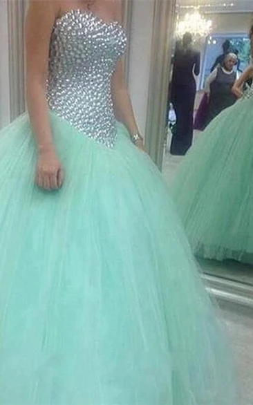 Glamorous Sweetheart Mint Green Wedding Dresses Crystal Tulle Ball Gown Prom Gowns