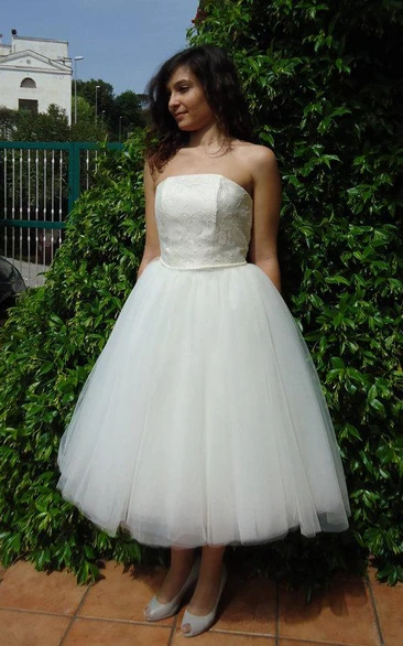 Strapless Tea-Length A-Line Wedding Dress With Tutu Skirt