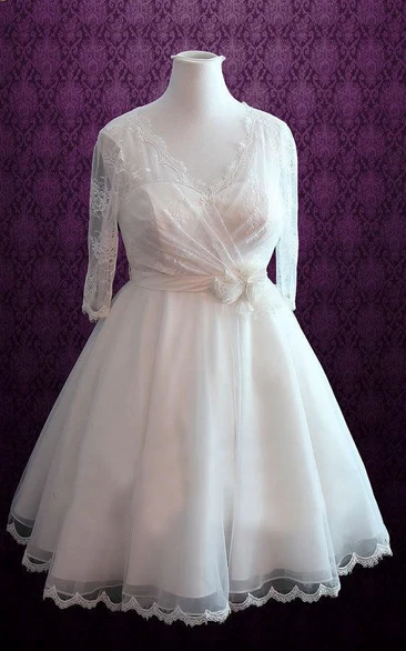 V-Neck Half Sleeve Short Wedding Dress With Lace Illusion Back