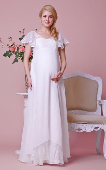 V-neck V-back Cap-sleeved Empire Chiffon Maternity Wedding Dress With Lace Bodice