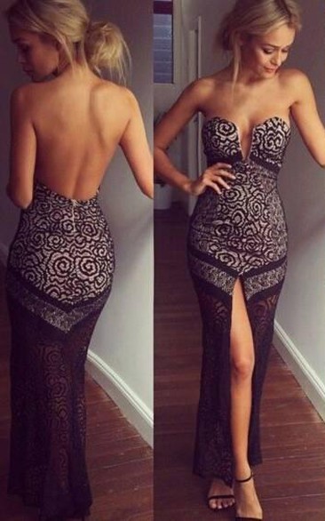 Sexy Black Lace Prom Dresses Front Split Floor Length Backless