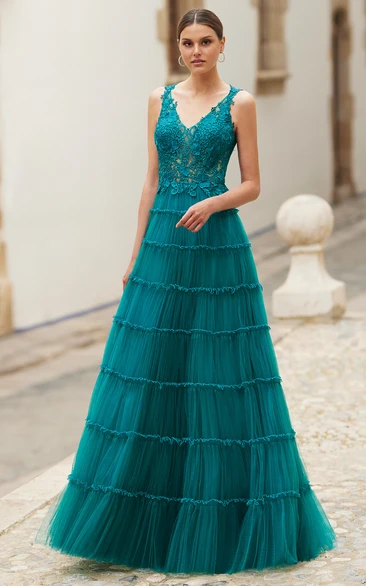 Simple A-Line Tulle V-neck Floor-length Prom Dress with Ruching