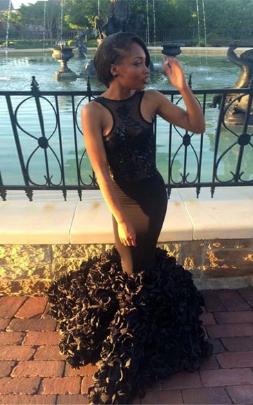 Sexy Black Sleeveless Mermaid Prom Dress Floor Length Flowers Party Gowns