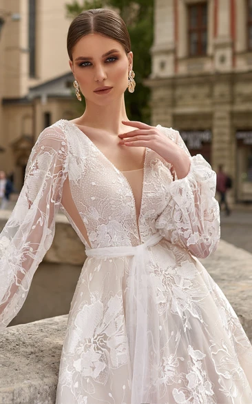 V neck Long Sleeve Lace Wedding Dresses Rustic Chiffon