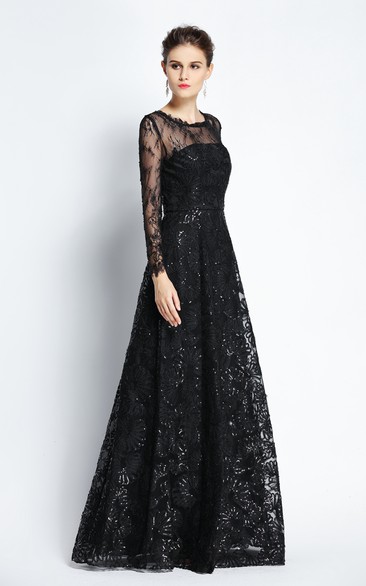 A-Line Bateau Scalloped Illusion Long Sleeve Floor-length Lace Prom ...